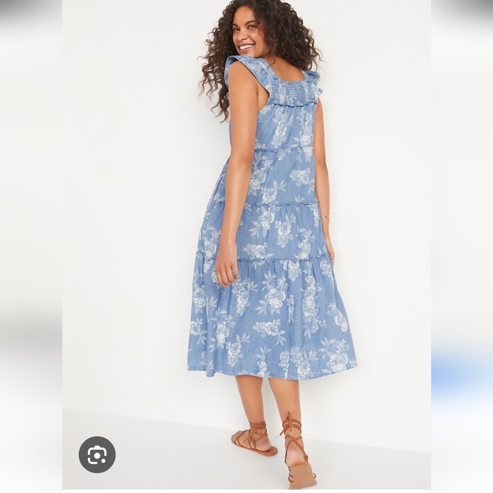 Flutter-Sleeve Floral Tiered Smocked Midi Seeing Dress, Size L Petite